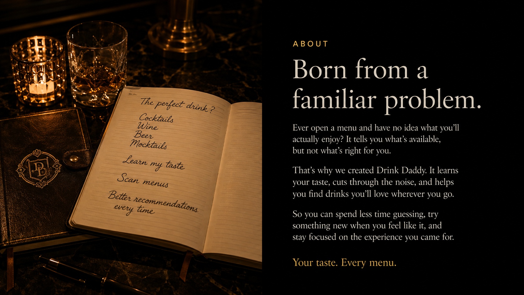 Drink Daddy origin story next to a journal and candlelight