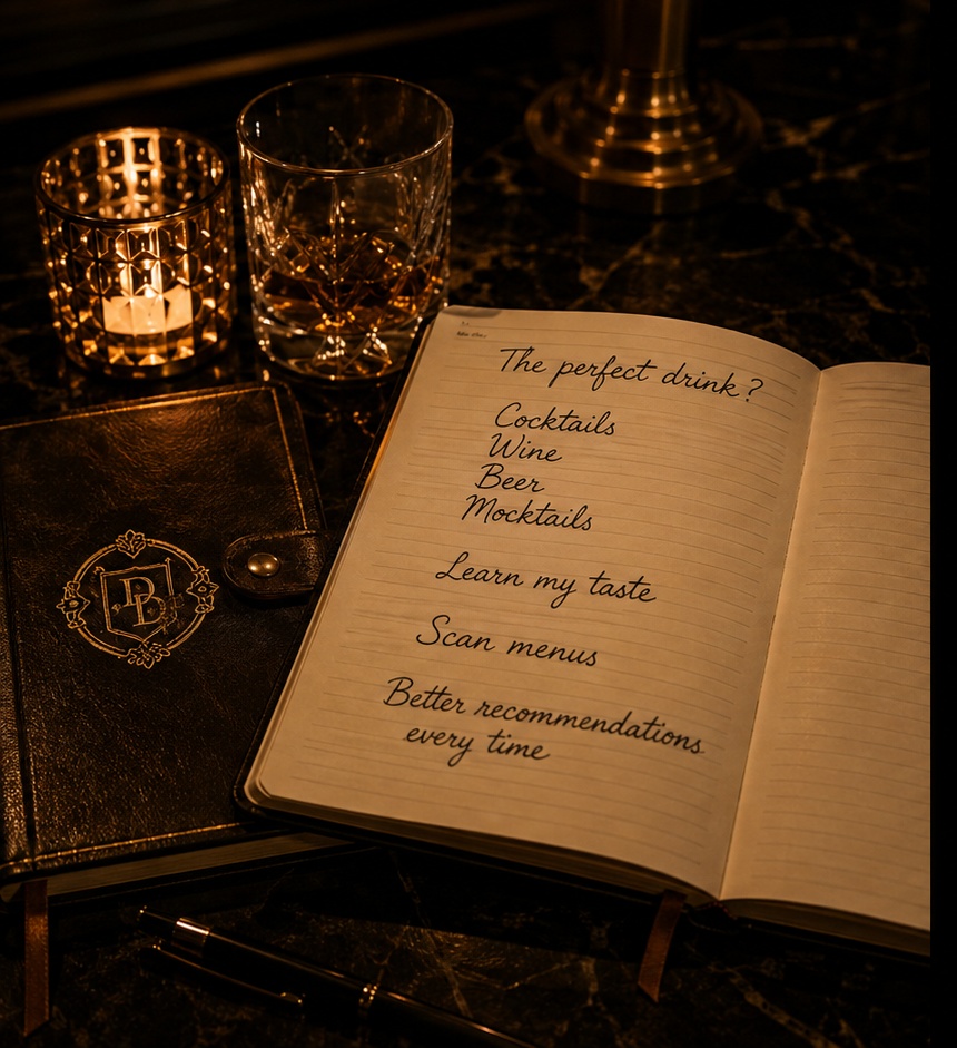 Candlelit notebook with cocktails, wine, beer, and mocktails written inside