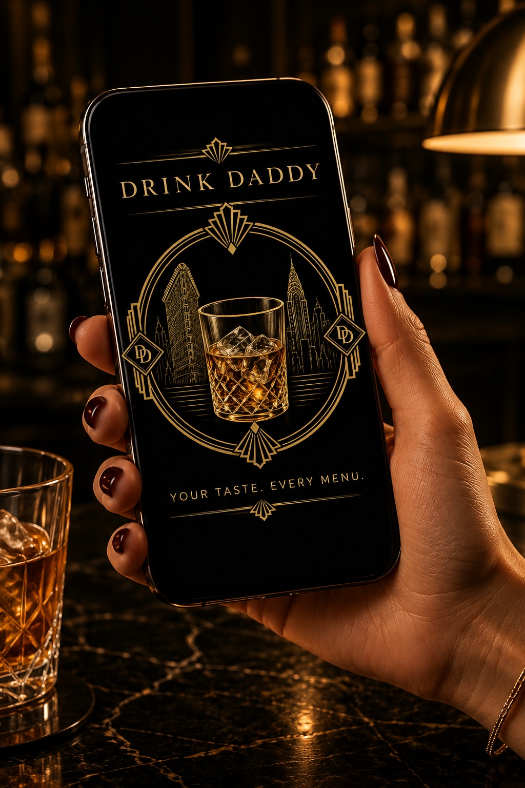 Woman holding a phone displaying the Drink Daddy logo